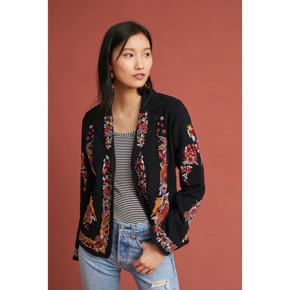 Anthropologie Maeve Ellen Embroidered Beaded Floral Bird Cotton Blazer Black 10